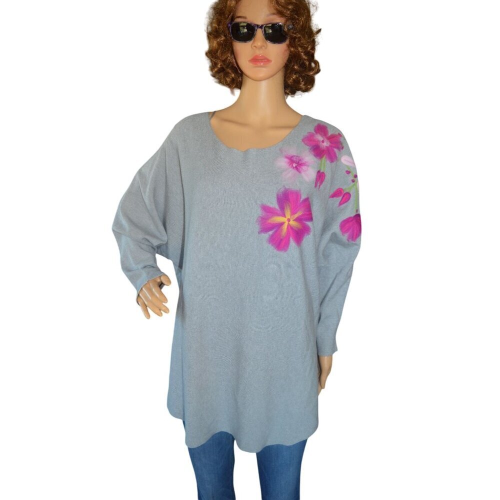 New Aaeda Gray Pink Floral Sweater Women Plus Size 2X Spring Garden Party Casual